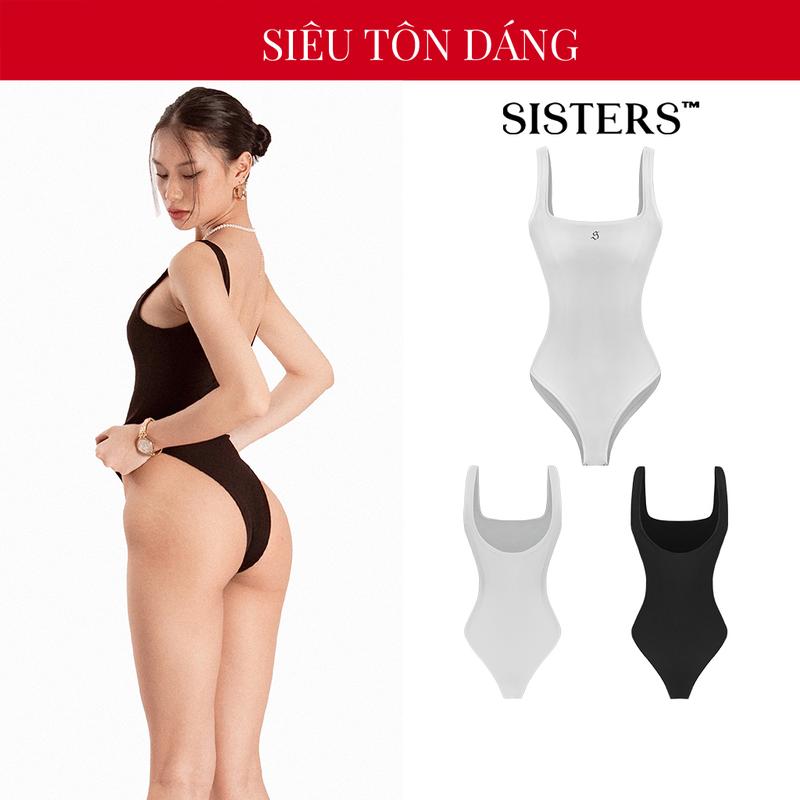 Bodysuit nữ hở lưng dây mảnh SISTERS cổ vuông có cúc bấm màu đen, trắng chất thun co giãn siêu tôn dáng Soft I SS4-J1