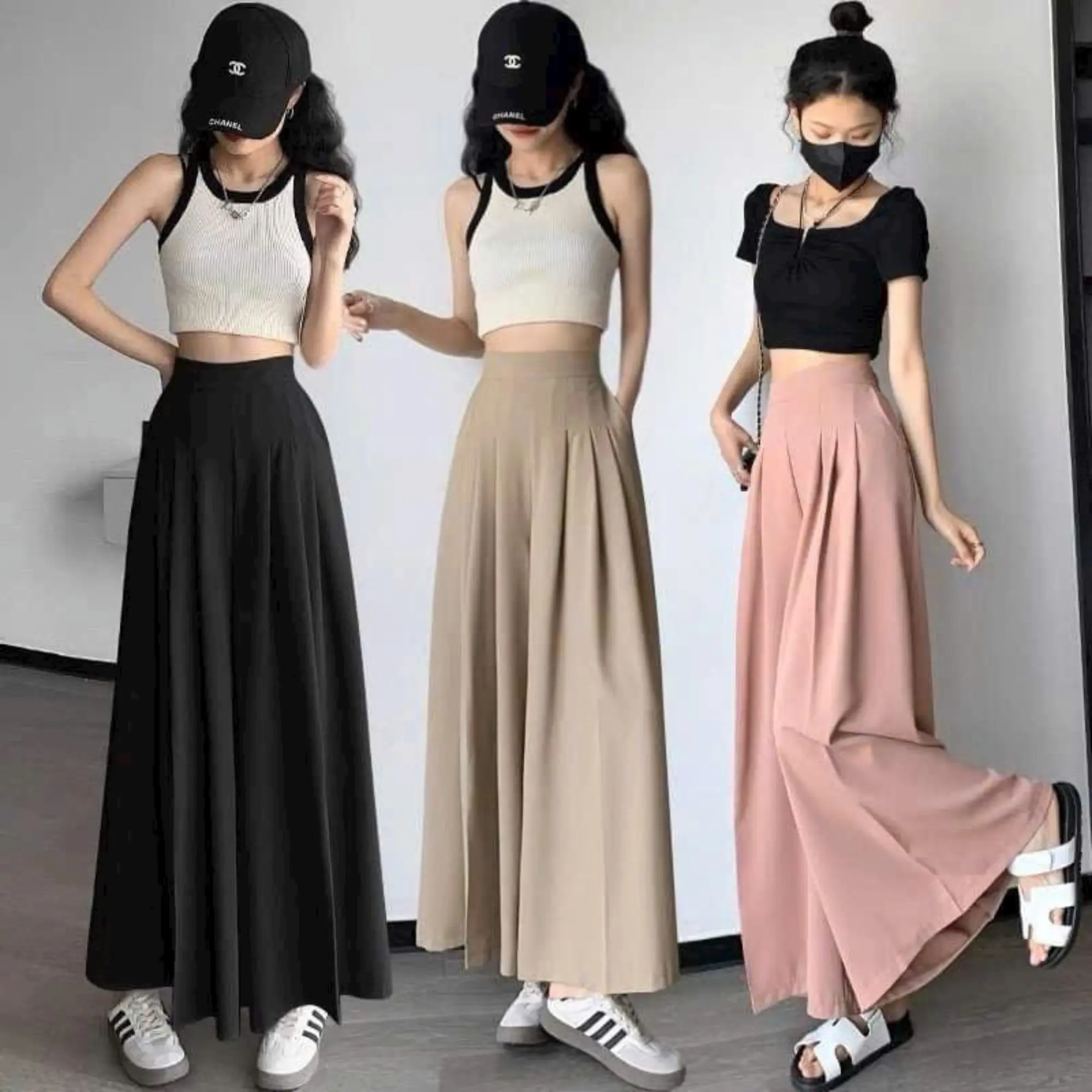 Quần Dài Nữ Ống Siêu Rộng Lưng Xếp Ly Mặt Sau Thun Dây Kéo 1 Bên Hông Women Kem Ong Nhung Trắng Đen