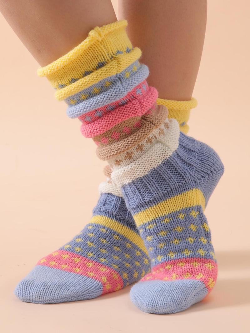 Product Introduction of Women's Colorful Striped Print Mid-calf Socks, Casual Soft Comfy Warm Socks for Fall & Winter, Women's Socks for Daily Wear 2