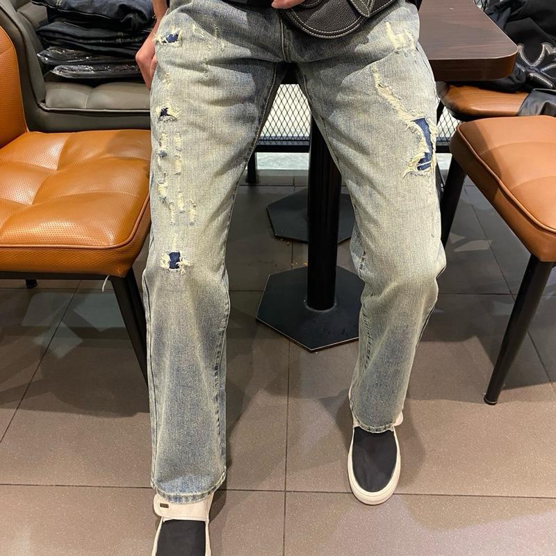 Quần suông nam xanh rêu nhạt rách vá , túi thêu hàng xịn siêu cấp Qc