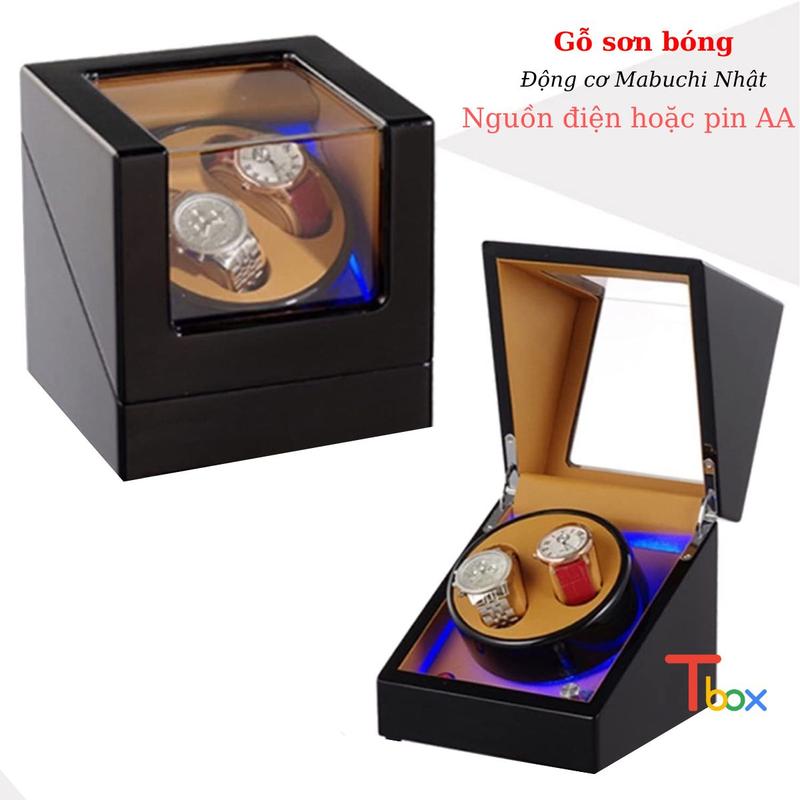 Hộp lắc trữ cót cho 2 đồng hồ cơ bằng gỗ Cao cấp - Có chế độ - Đèn Led- Nguồn điện hoặc Pin
