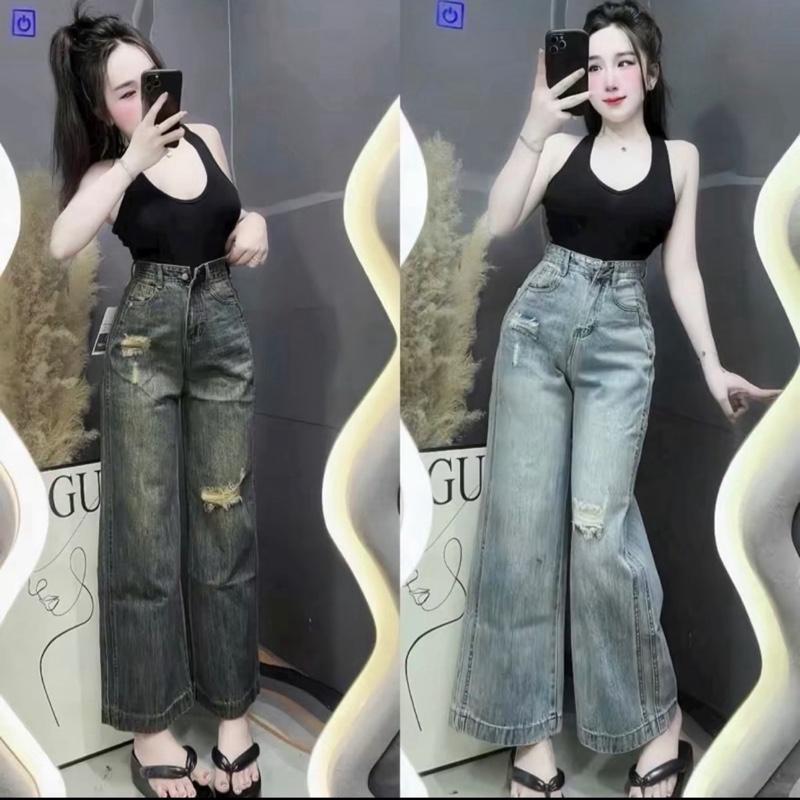Quần Xuông Ống Rộng Viền Chít Thân Nữ SML QC Mềm 90-92cm Rách Cào Lưng Cao Jeans - Menswear, Pants