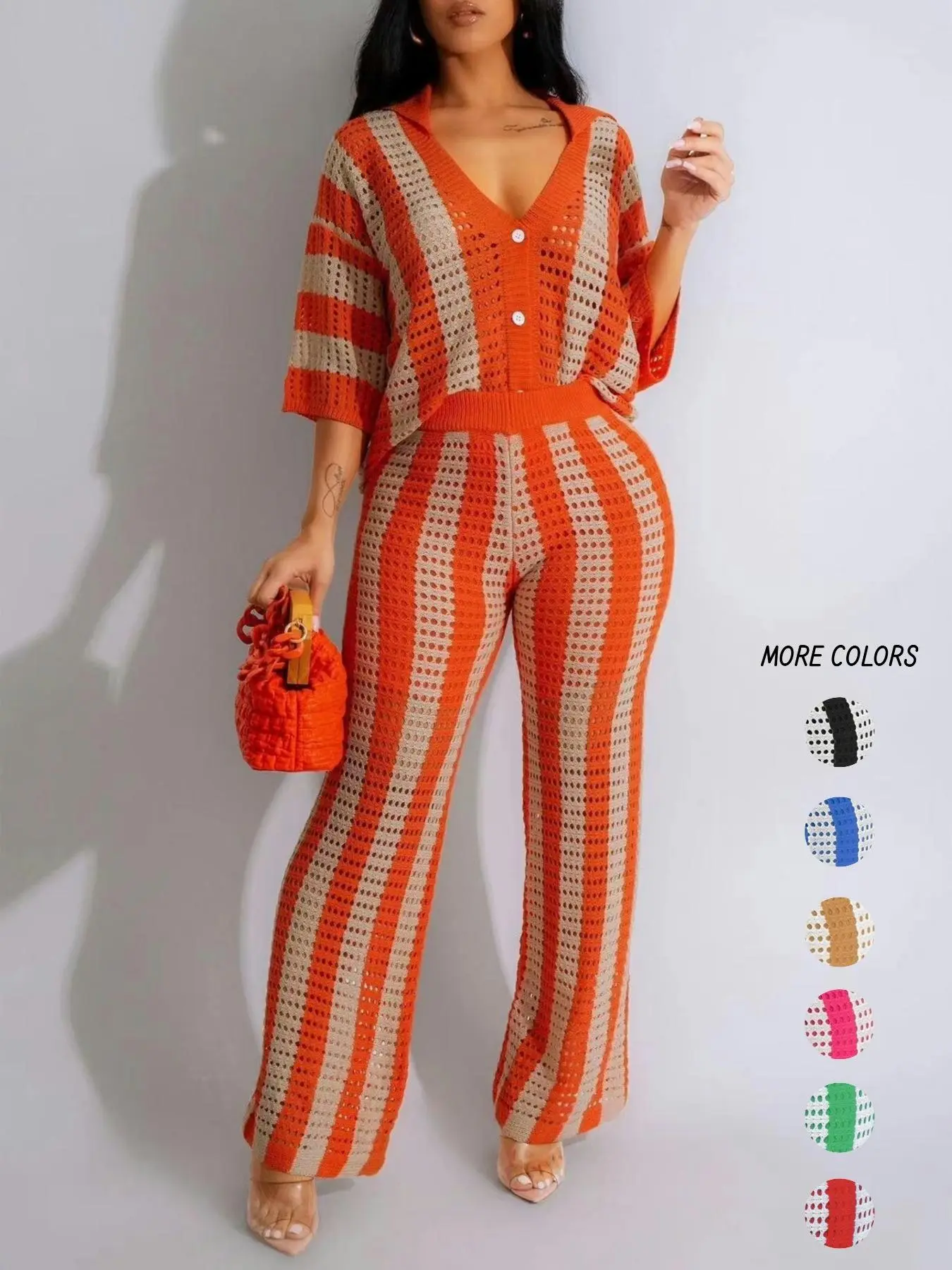 Two-Piece Set Women's Colorblock Striped Print Hollow Out Button Front Top & Wide Leg Pants, Casual Drop Shoulder Collared Top & High Waist Trousers for Spring & Fall, Co-ords Set, Ladies Clothes for Daily Wear