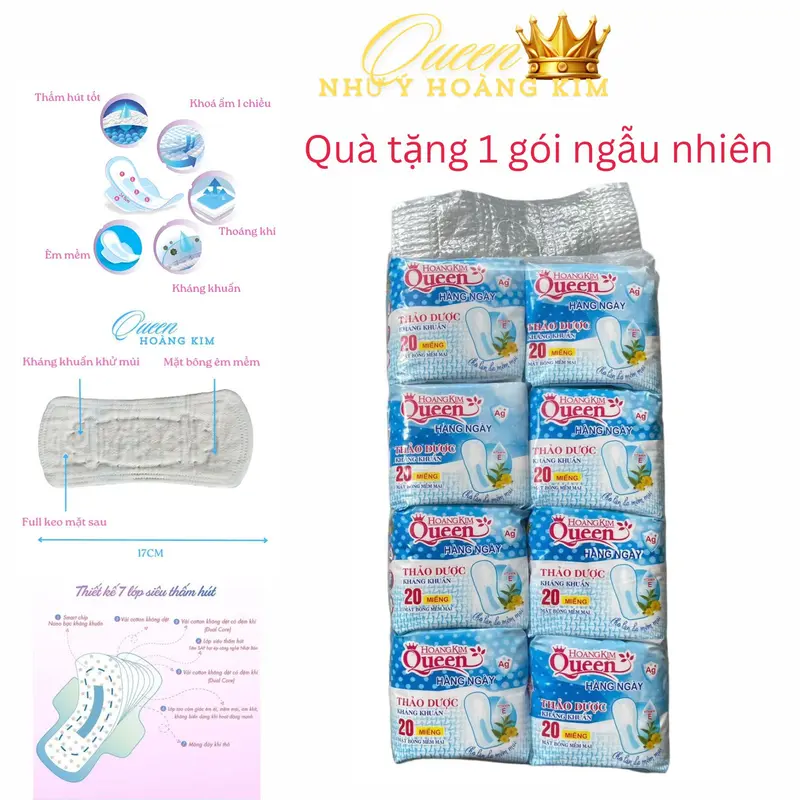 [ Băng Hằng Ngày ] ComBo 8 Gói Băng Hằng Ngày Queen Hoàng Kim Dùng Cho Cuối Chu Kỳ Cực Tiện Lợi Gói 20 Miếng Bề Mặt Bông Mềm Nữ Tampon 1