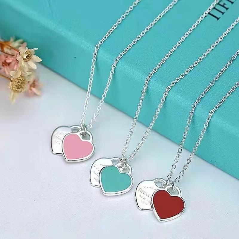 Vòng Cổ Hình Trái Tim, Dành Cho Nữ, Men Trái Tim Màu Đỏ Và Xanh Dương, Dây Chuyền Xương Đòn, Mặt Dây Chuyền Hình Trái Tim Đôi, J339 0