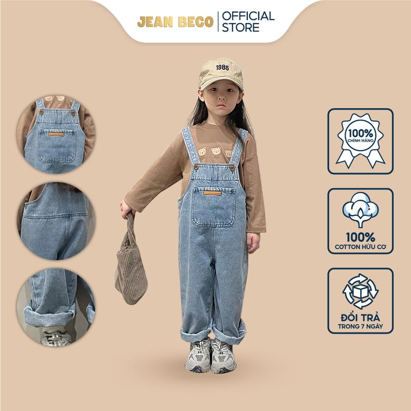  Quần yếm jeans hai dây JEANBECO yếm jean dáng dài cho bé trai bé gái đáp da form rộng phong cách Hàn Quốc QYD007 