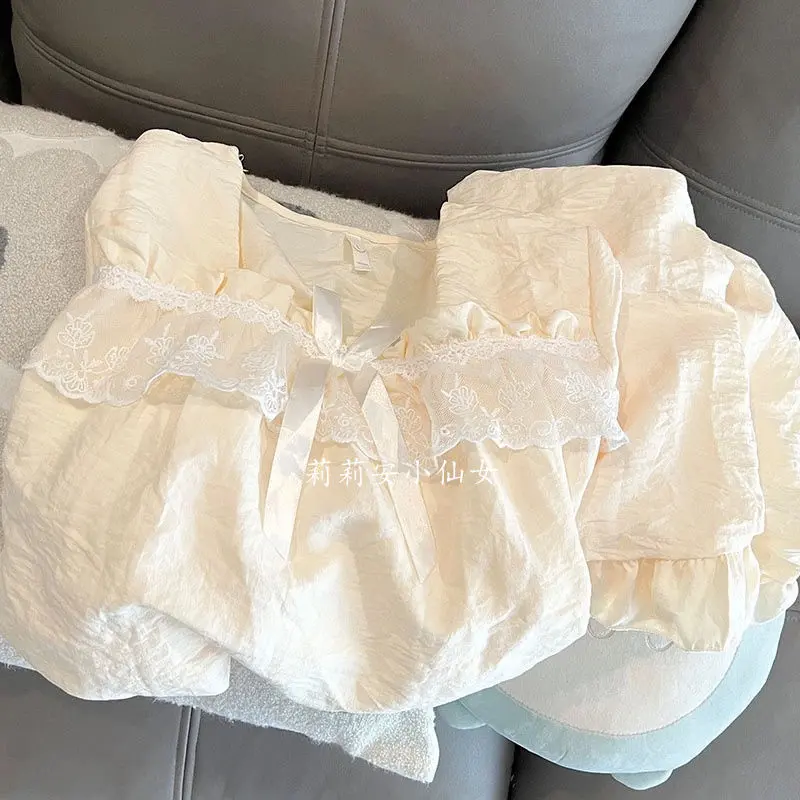 Bộ Đồ Ngủ Huhoo Sữa, Phong Cách Nhật Bản, Dành Cho Nữ, Bộ Sưu Tập Mùa Xuân Và Mùa Thu, Hàng Mới Về, Phong Cách Instagram, Thích Hợp Cho Sinh Viên Ký Túc Xá, Có Thể Mặc Ngoài Trời, Bộ Đồ Ngủ Dài