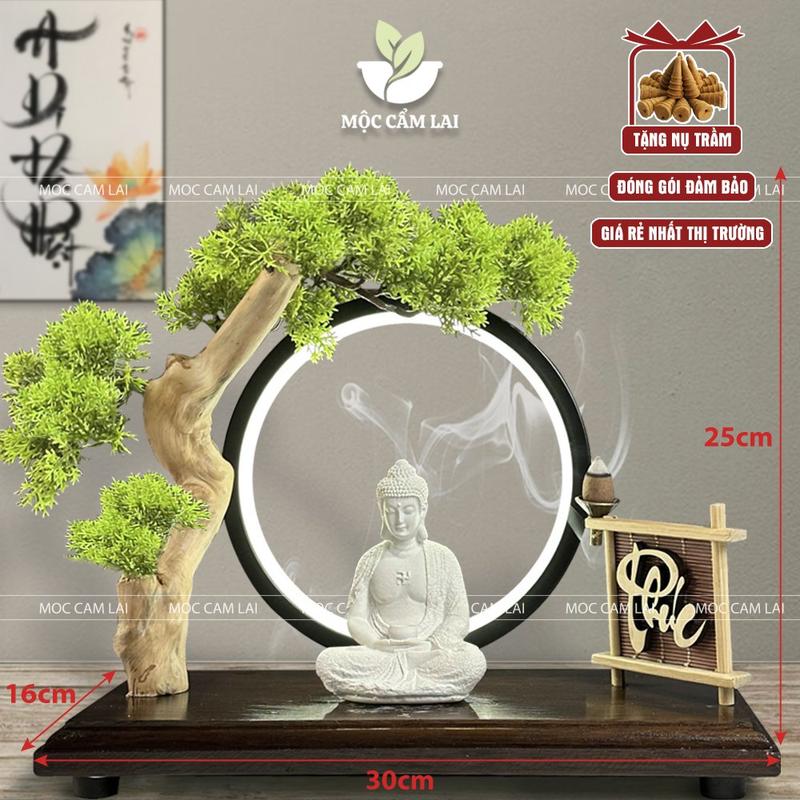 Tiểu Cảnh Xông Trầm - Kệ Gỗ Đặt Tượng Đèn Led Tròn Cây Bonsai Decor Trang Trí Nhà (Tặng Nụ Trầm) Decor Phòng
