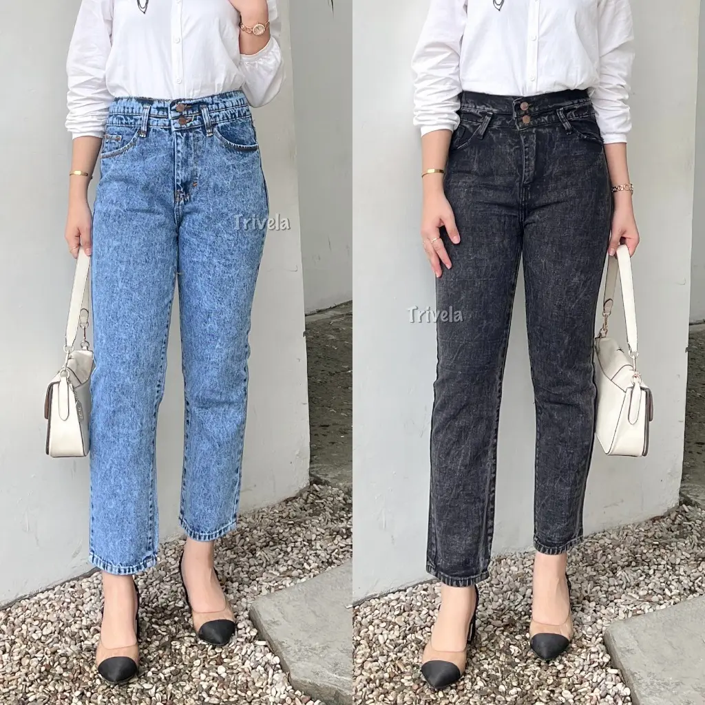 TRIVELA - Celana Jeans Boyfriend 2 Kancing / Celana Jeans Wanita Highwaist Snow / Celana Jeans Wanita Korean Style  NEVILLE