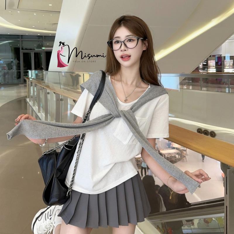 Sét váy MISUMI gồm áo thun ngắn tay, chân váy xếp ly kèm khăn choàng phong cách Hàn Quốc ngọt ngào dễ thương SET6 7
