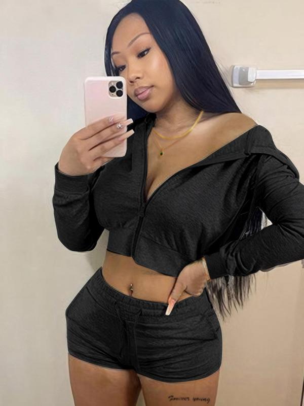 Two-Piece Set Women's Solid Zip Up Crop Hoodie & Drawstring Waist Shorts Set, Long Sleeve Cropped Hooded Top & Pocket Track Shorts, Casual Spring & Fall Clothes for Outdoor 4