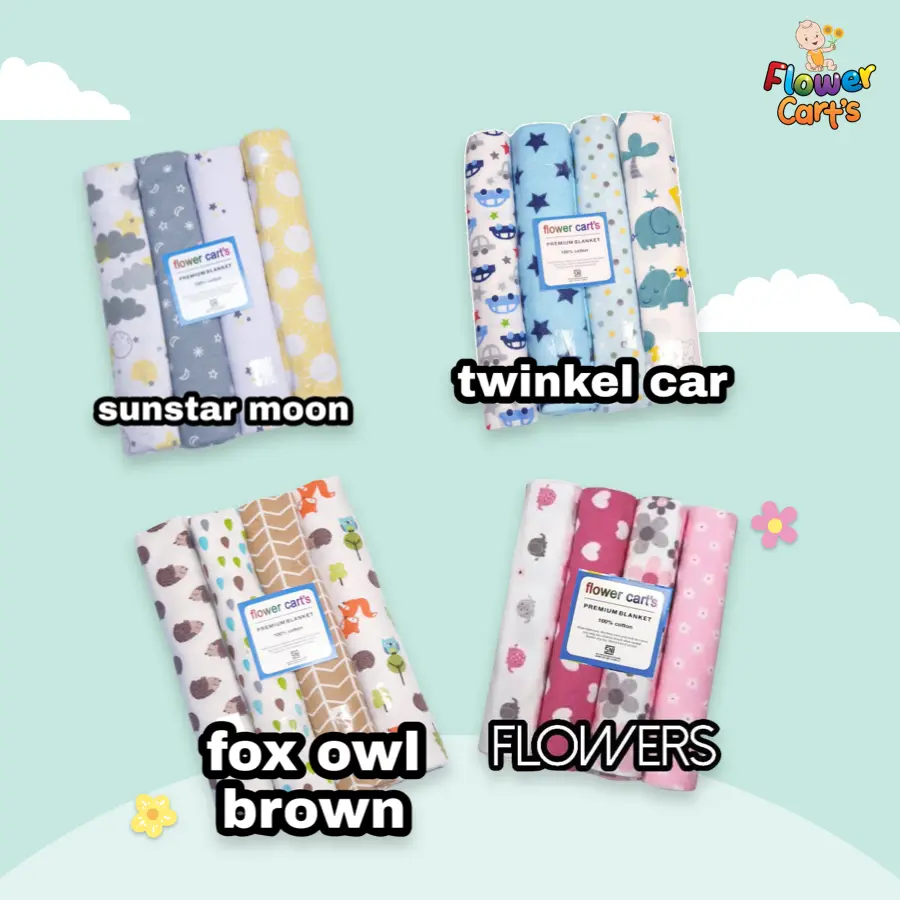 Flower Cart's Bedong 4 in 1 Motif bebas 102 X 72 cm / 4 Pcs Flower Cart's Bedong 4 in 1 Motif bebas 102 X 72 cm / 4 Pcs