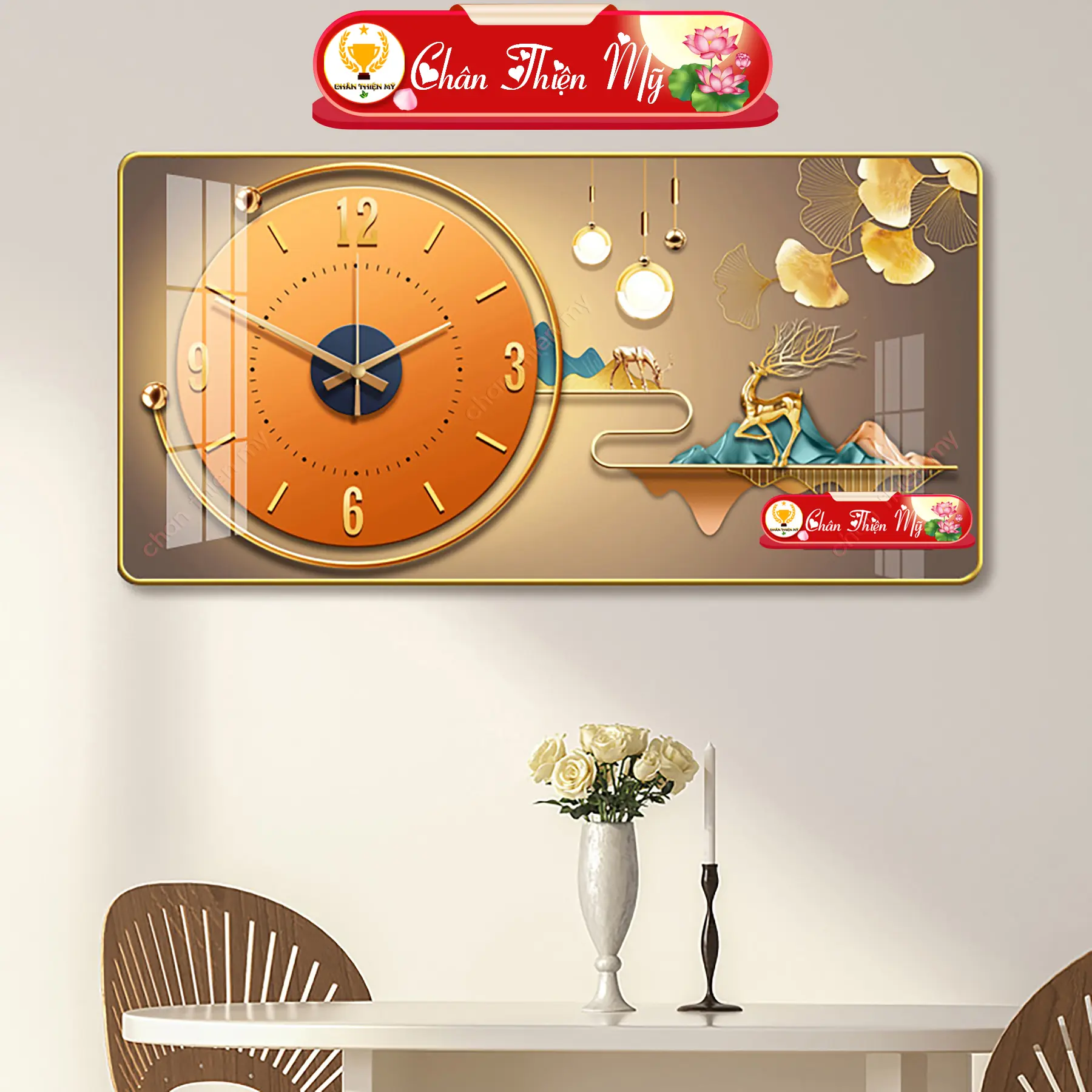 Tranh Đồng Hồ Treo Tường CHÂN THIỆN MỸ, Kim Trôi Cao Cấp, Làm Quà Tân Gia, Decor Trang Trí Phòng Khách CDHN-01 Decor