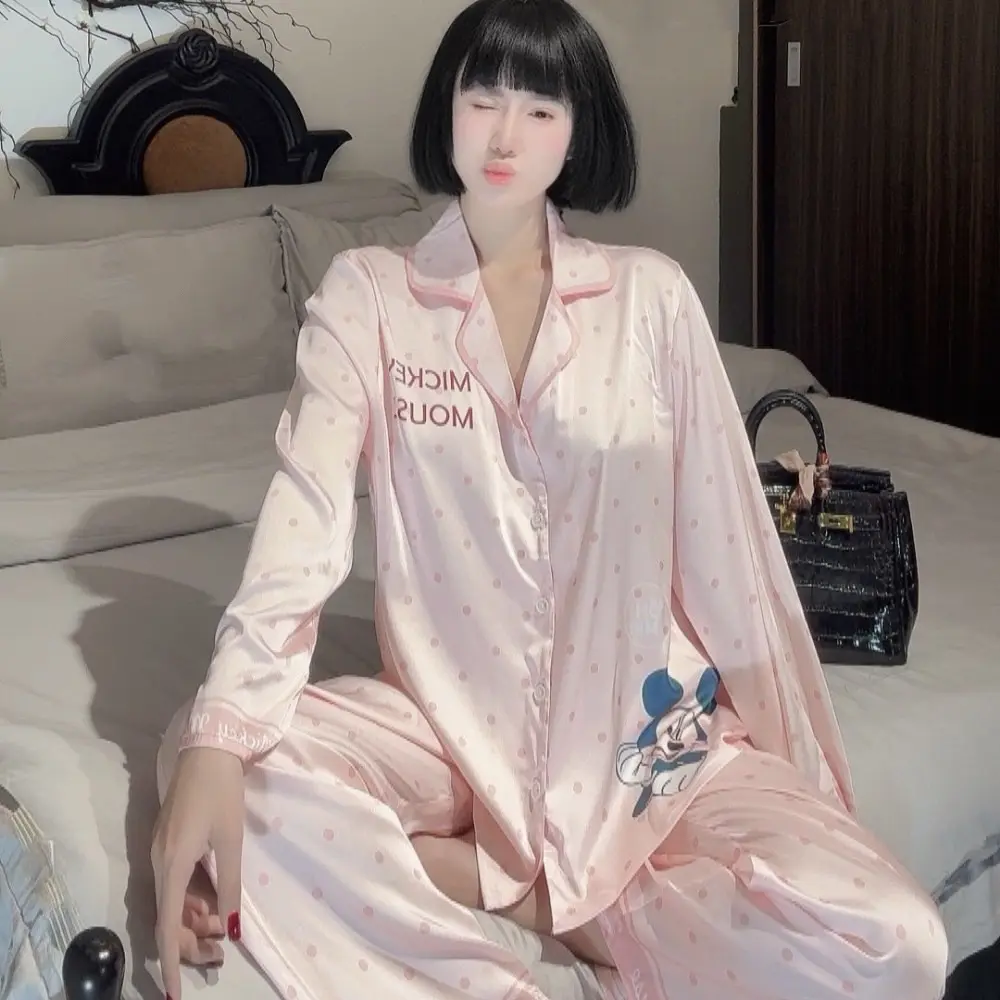 đồ bộ mặc nhà ( lụa Latin ) sz (40-80kg)  chuột micky chấm bi 2 màu  pijama nữ Women Kem Quần Ngủ