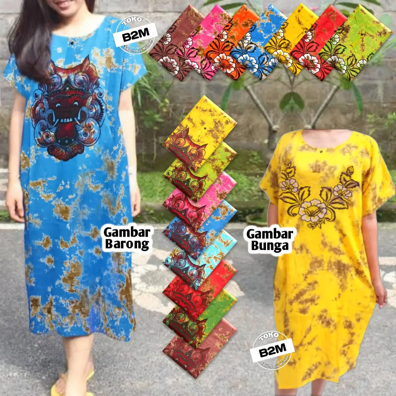 Daster Midi Bali gambar Barong Bunga Kain Rayon Motif Abstrak Kancing Depan