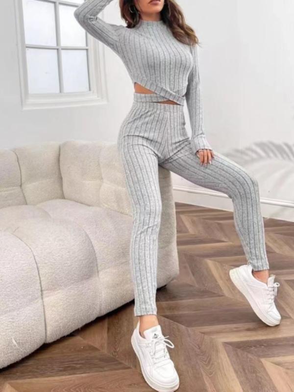 Two-Piece Set Women's Criss Cross Crop Top & Textured Pants Knit Co-ord Set, Basic Solid Top & High Waist Trousers Two-piece Set, Fashion Cozy-chic Lady Two Piece Outfits 3