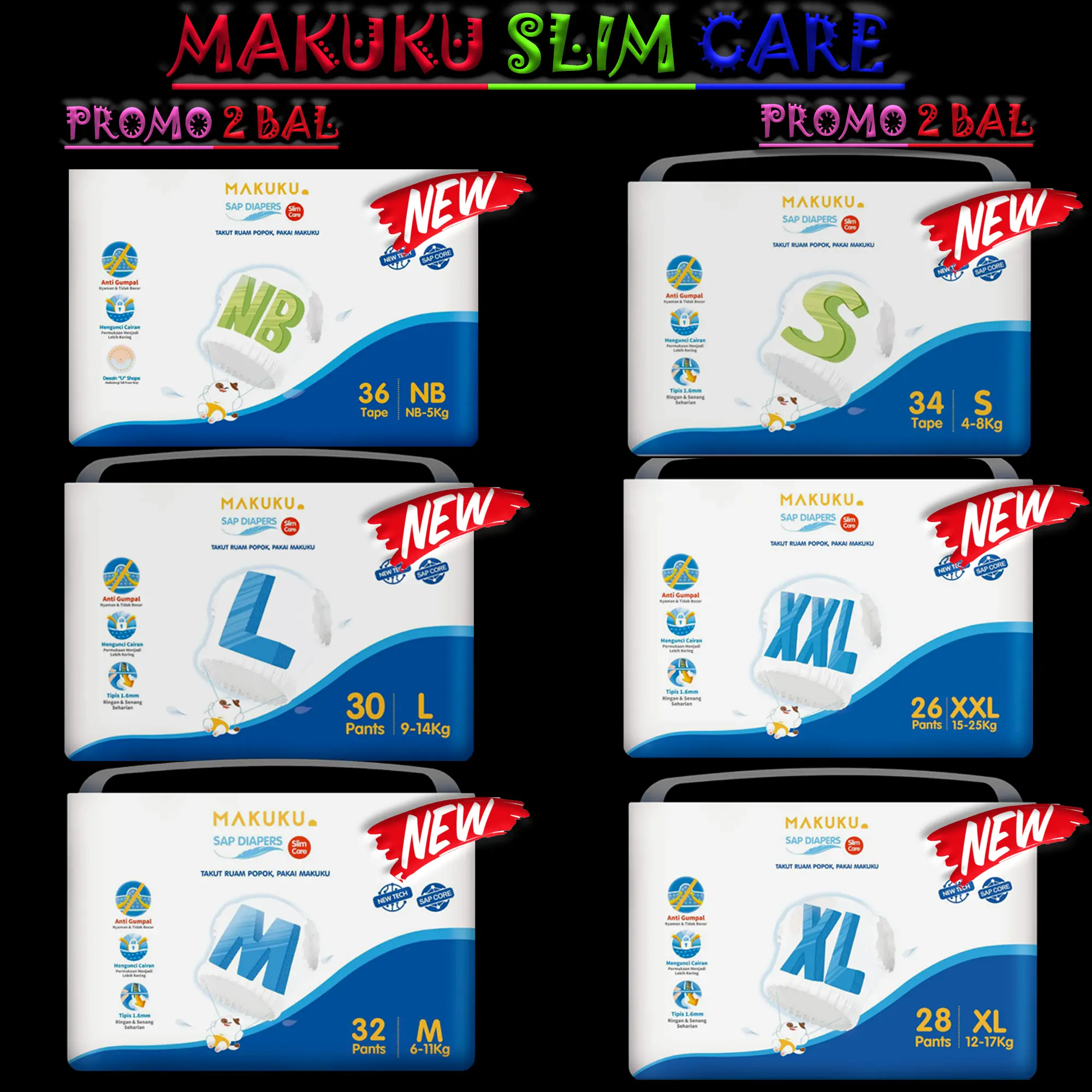 PROMO 2 BAL MAKUKU SAP DIAPERS SLIM CARE Bayi Popok