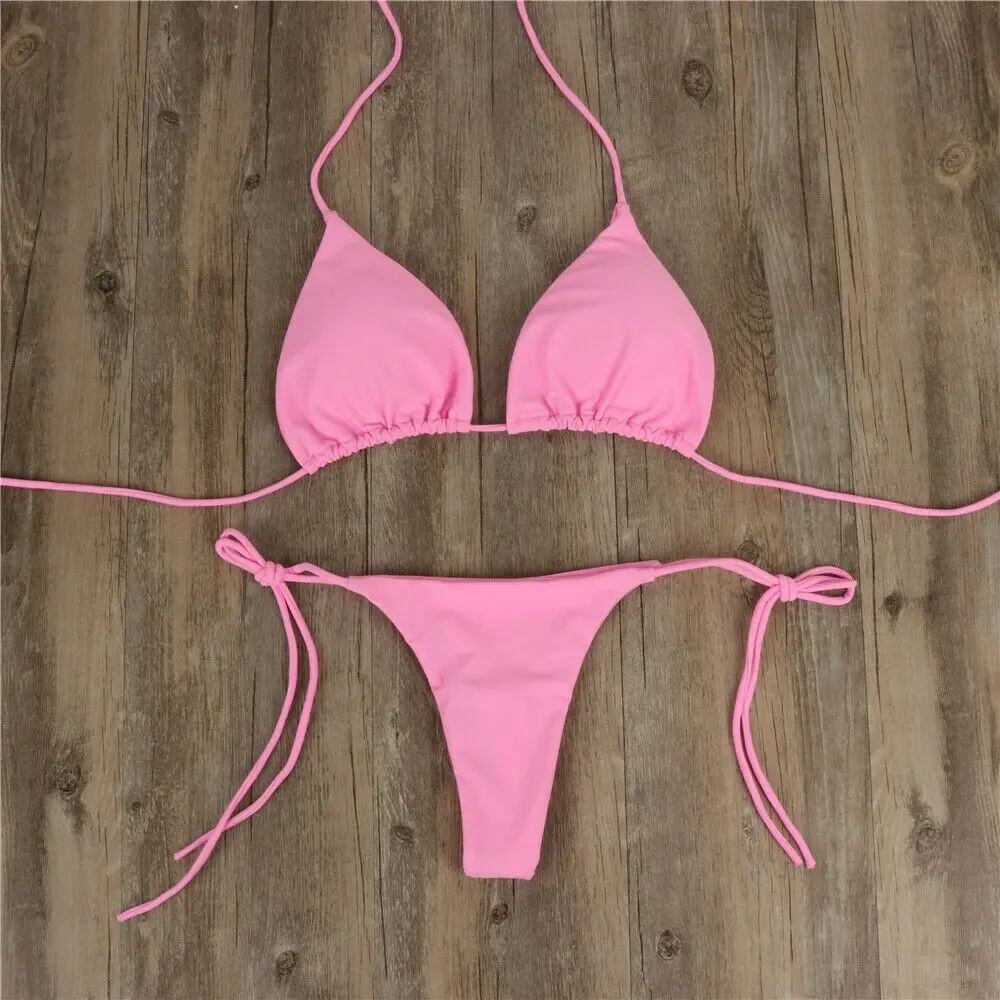 Women Thong Bikini Set Side Tie Swimsuit Bandage Style Swimwear Swimming Accessories Red/Blue/Black/White/Wine Red/Pink