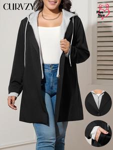 CURVZY Women's Colorblock 2 in 1 Drawstring Drop Shoulder Hooded Jacket, Casual Long Sleeve Zipper Front Outerwear for Spring & Fall, Women's Clothes for Daily Wear