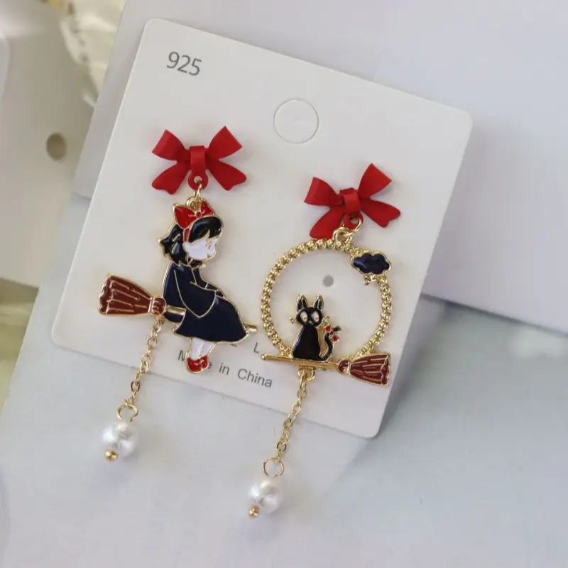 S925 Silver Needle Japanese and Korean Bow Cartoon Character Cat Ear Nails Personalized Creative Street Photography Drip Oil Earrings
