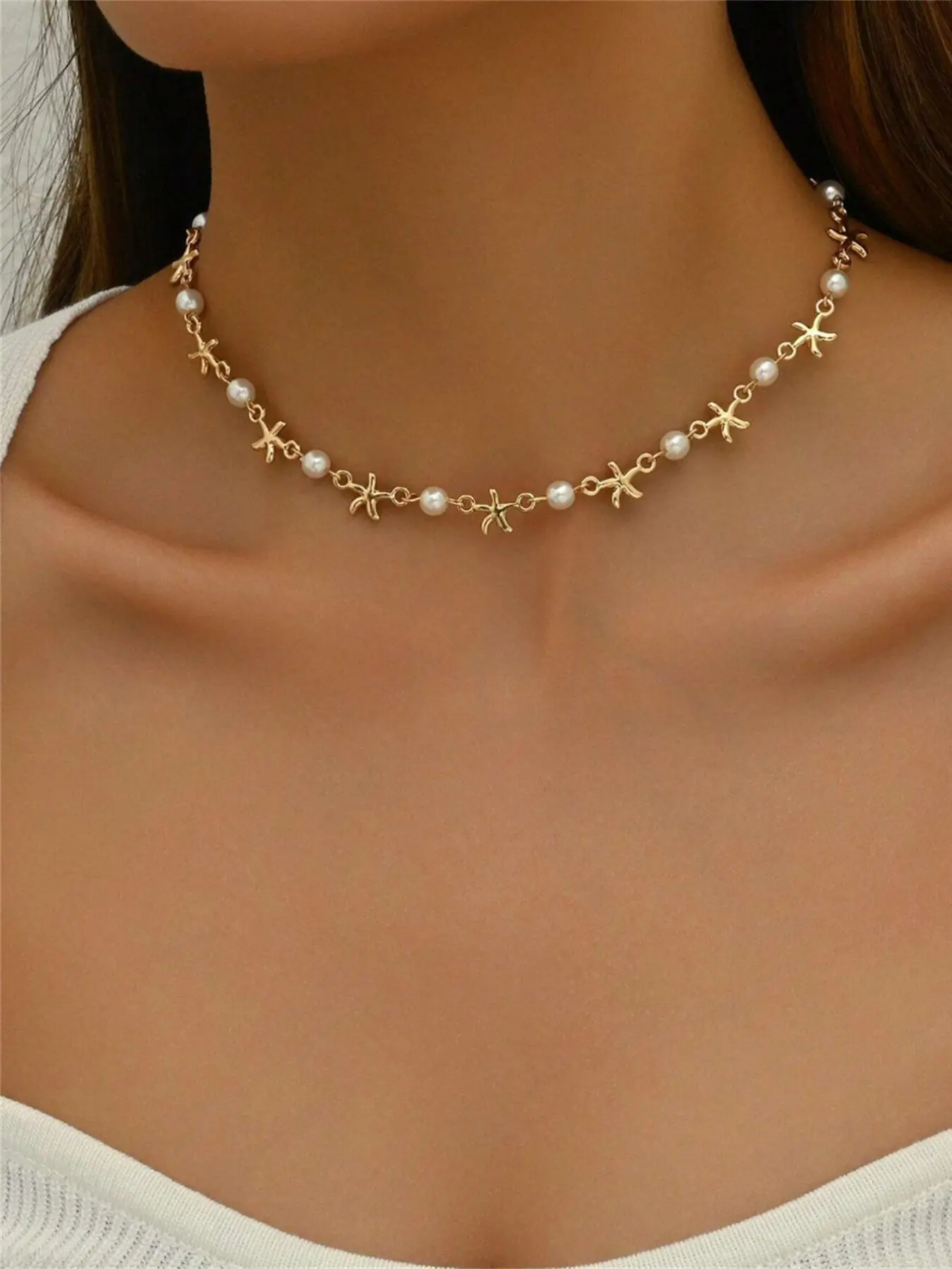 Faux Pearl Decor Starfish Design Chain Necklace, Elegant Chain Necklace for Party, Daily Decor, Trendy All-match & Exquisite Jewelry for Birthday Gift