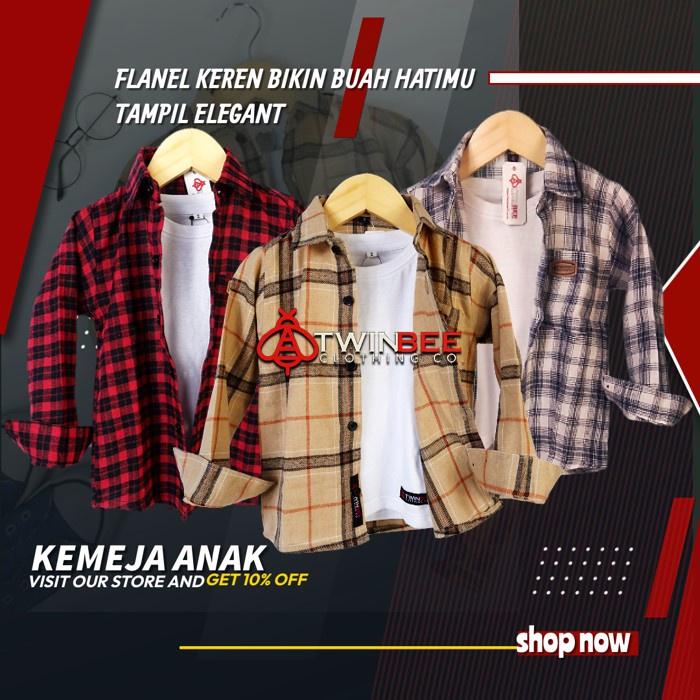 Twinbee Kemeja Flanel Anak Laki Laki Lengan Panjang Usia 1 2 3 4 5 6 7 Tahun Import Cream Biru Merah Korean Style Premium 0