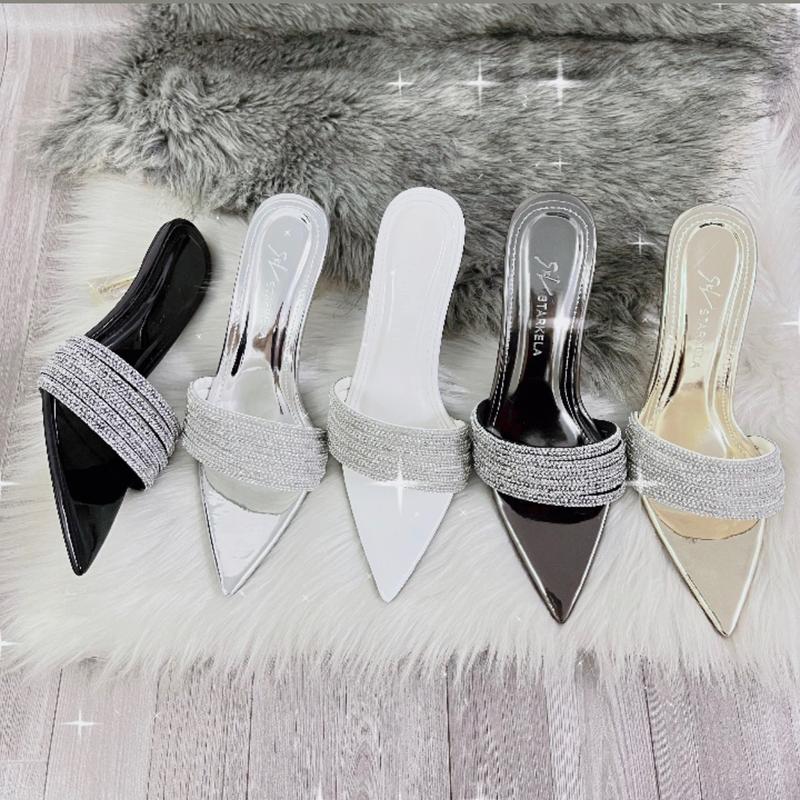 [CÓ HỘP] Dép cao gót 5-7-9p mũi nhọn quai ngang dây đá rời lấp lánh Nữ DéP