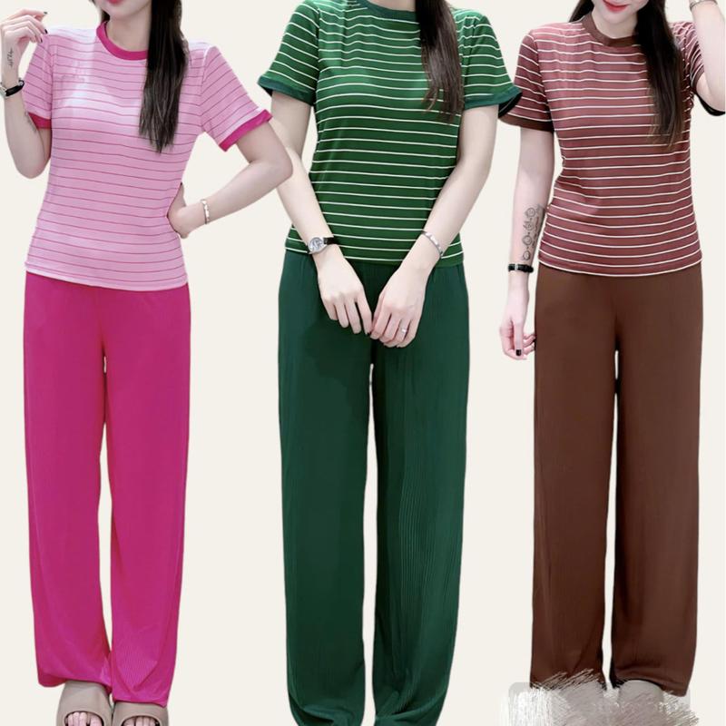Bộ đồ mặc nhà thun gân sọc nhỏ mẫu mới quần suôn ống rộng thoải mái phù hợp mọi lứa tuổi Women Áo Voi Top