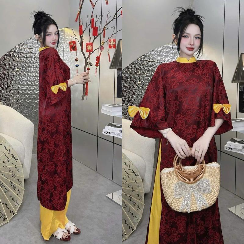 Áo Dài Nữ Thiết Kế EMME V1997 Form Suông Cổ Đứng Tay Loe Đính Nơ Nhung Cách Điệu [ Kèm Quần Lụa ] 2