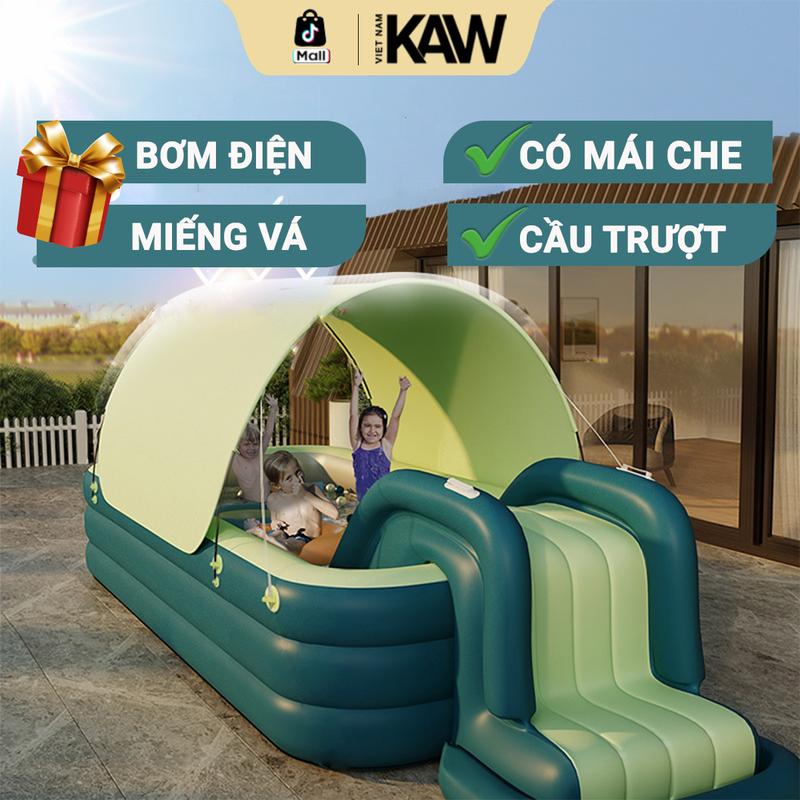 KAW - Bể Bơi Phao Cầu Trượt Có Mái Che Cho Bé - Tặng Kèm Bơm Điện Hàng Loại 1