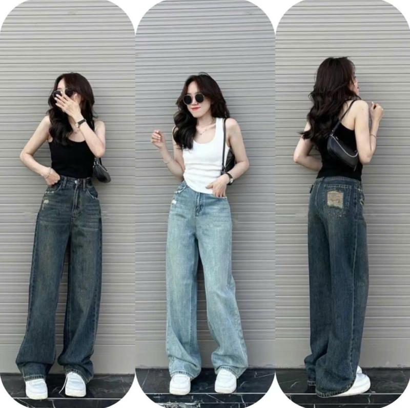  Nấm92-94cm  Quần Jean nữ Ống Suông Rách Túi Sau Cạp Cao Cá Tính đi học đi làm chuẩn phom dành cho nấm. 
