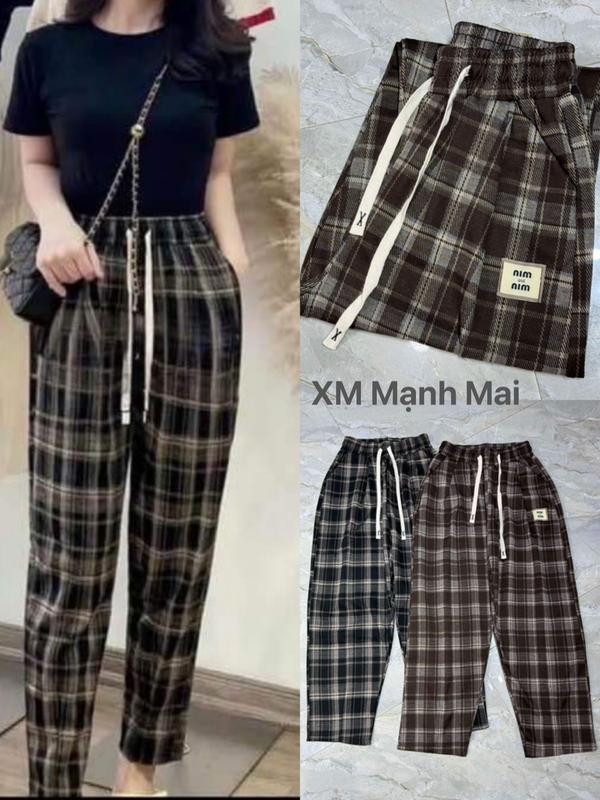 [XM MẠNH MAI] Quần Baggy Dạ Kẻ Chất Liệu Umì Co Giãn Mềm, Nhẹ Cạp Lưng Thun Thoải Mái. Nữ Women. Nhung Kem pant