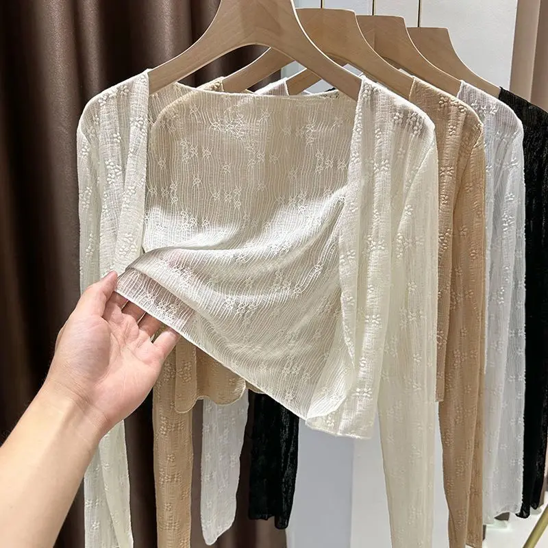 Áo Cardigan Lưới Hoa Dài Tay Cho Nữ, HANACLOTHING01, Áo Cardigan Trơn Chính Hãng Co Giãn Tối Đa 56kg Tùy Chiều Cao, Dễ Phối Đồ Với Quần Áo Cỡ Vừa 2