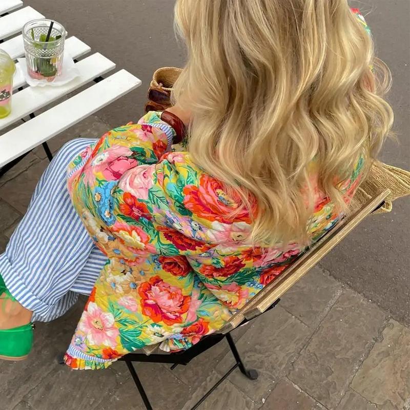 Product Introduction of Women Winter Loose Quilted Jacket Floral Print Button Down Long Sleeve Padded Coat Warm Outwear 34