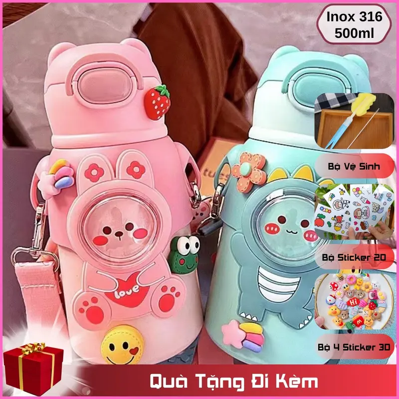 Bình nước giữ nhiệt trẻ em đi học INOX 316 500ml dễ thương đáng yêu cute có dây đeo tặng kèm sticker 2D, 3D BBG0722 binh giu 0