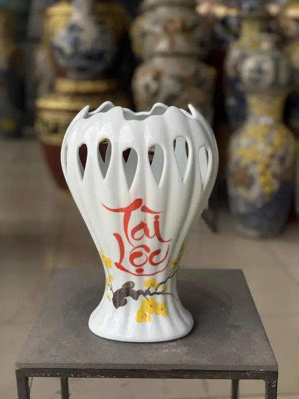 Lọ hoa bàn tay phật sứ trắng gốm Bát Tràng vẽ tài lộc trang trí decor 4