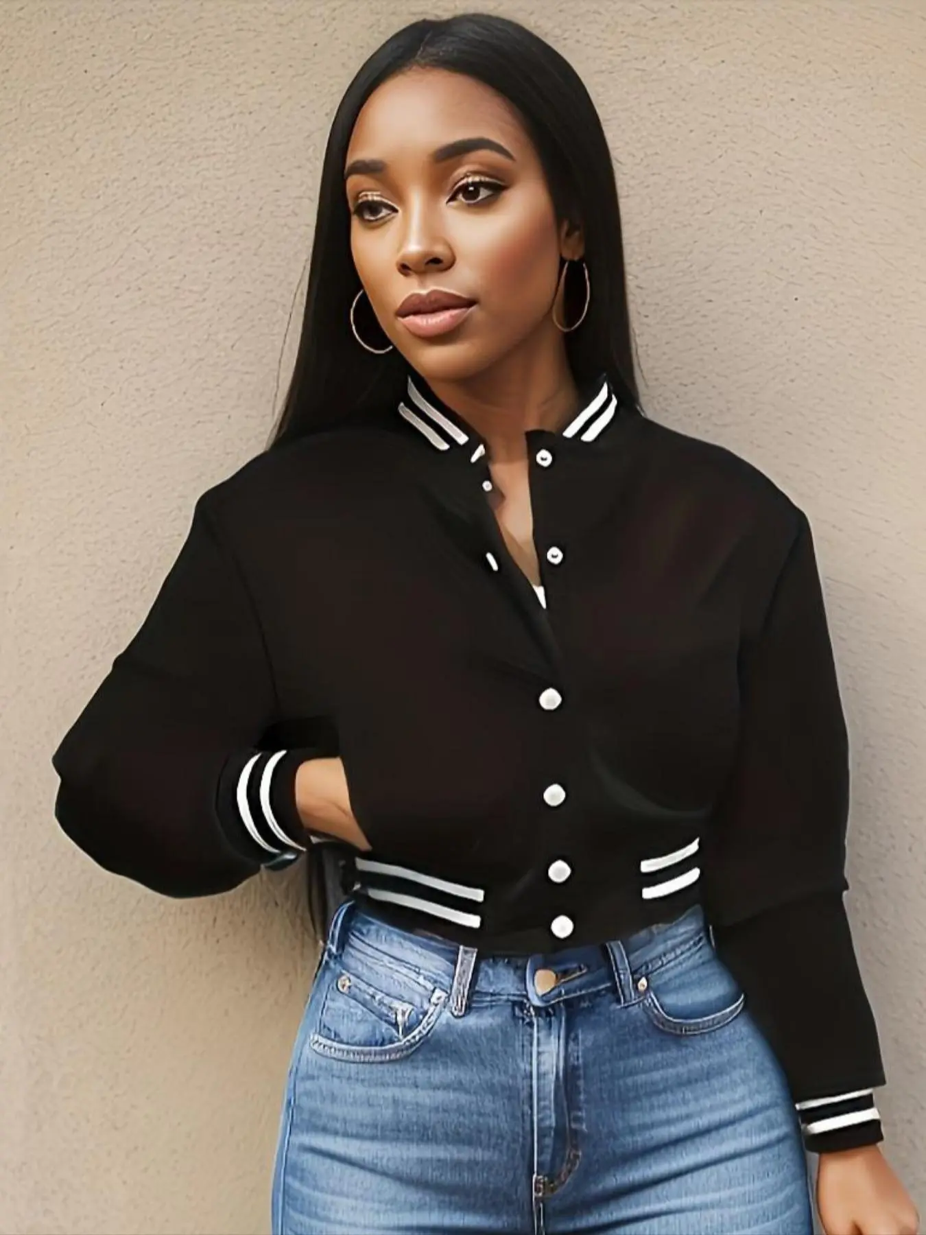 Women's Striped Trim Button Front Crop Jacket, Casual Pocket Mock Neck Long Sleeve Outerwear, Ladies Clothes for Winter