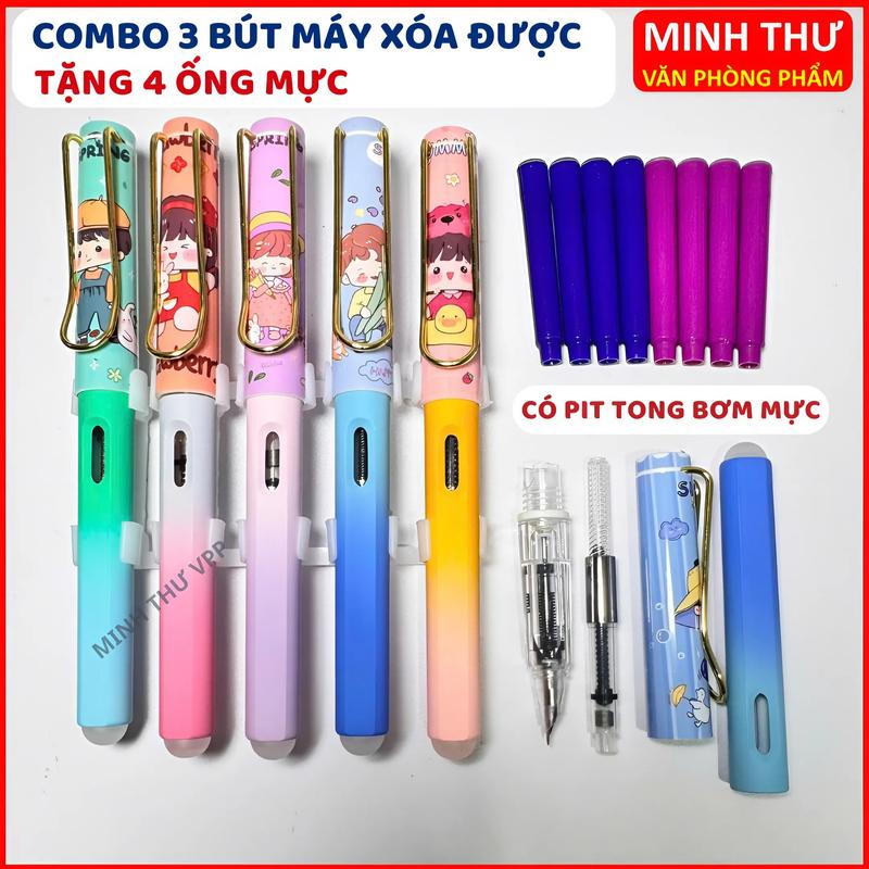 Combo 3 Bút Máy Học Sinh Tặng Kèm 4 Ống Mực Xóa Bút Có Đầu Tẩy Xóa Mực Và Pit Tông Bơm Mực Thân Bút Hoạt Hình Ngòi Kim Tinh Bút Mực Luyện Chữ Cho Học Sinh Tiểu Học Ngòi Trơn Êm