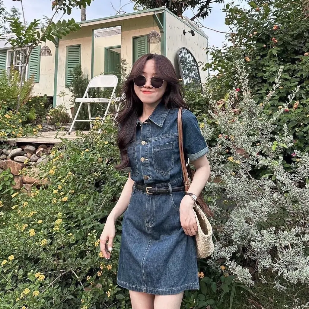 Váy jean xanh chất đẹp kèm đai da Nữ Women Top