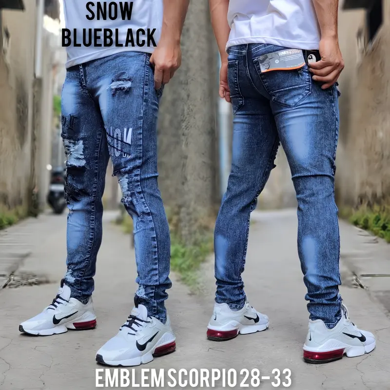 LAZ - Celana Jeans Panjang Pria Dewasa Softjeans Bordir Sobek Pensil Ripped Skinny Melar Slim Fit Stretch Cowok Hitam Distro 1