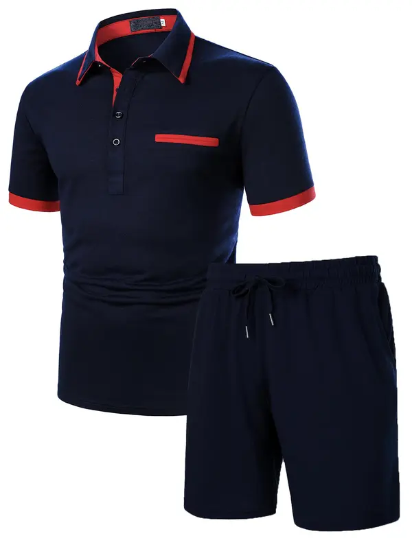 Two-Piece Set Men's Patchwork Short Sleeve Polo Shirt & Shorts, Regular Fit Casual Fashion Cozy Breathable Top & Shorts for Daily Outdoor Wear, Men's Clothing for Summer 2
