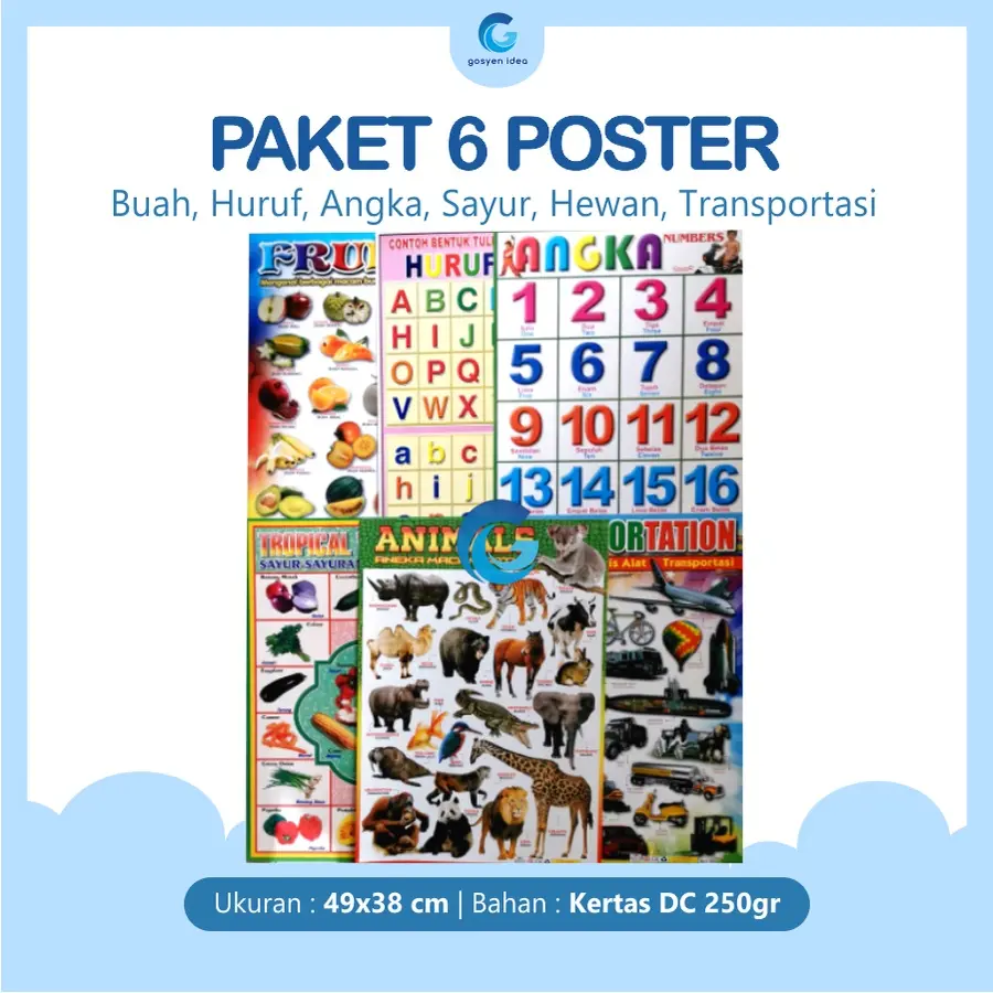 Paket 6 Poster Belajar Anak Edukasi Buah, Huruf ABC, Angka, Sayur Karton Stationery