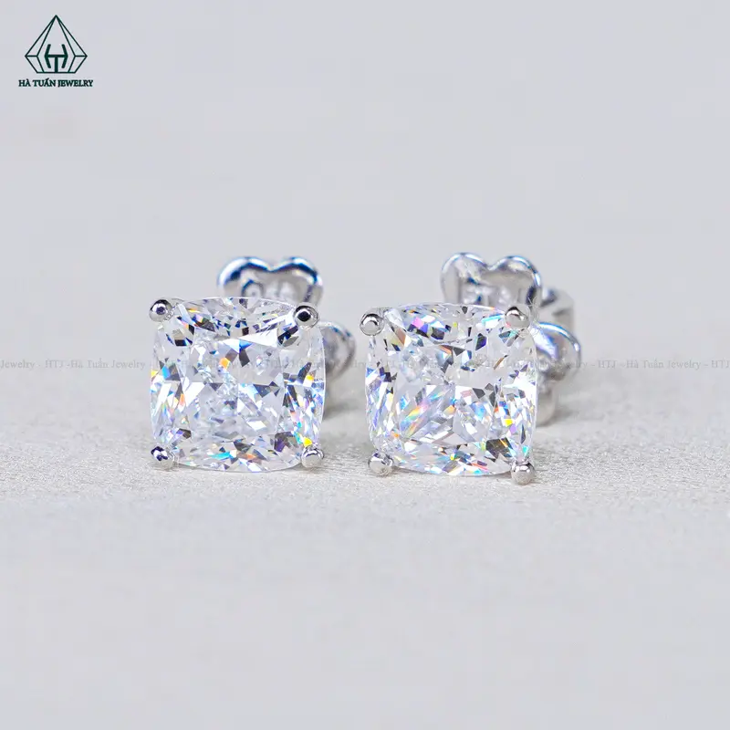 Đôi Bông Tai Bạc 925 Xi Kim Viên Chủ Đá CZ 7A Giác Cắt Cushion Chuôi Vặn EX086 Hà Tuấn Jewelry 2