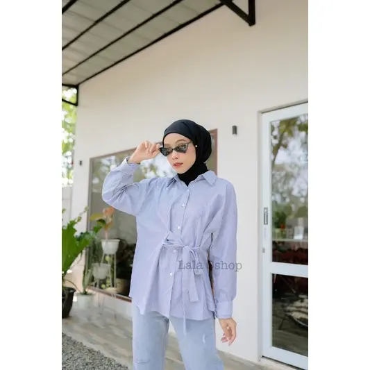 Alika Bow Shirt ( ikat samping )  Kemeja  Biru  Putih  Stripe  Kancing  Atasan  Wanita 3