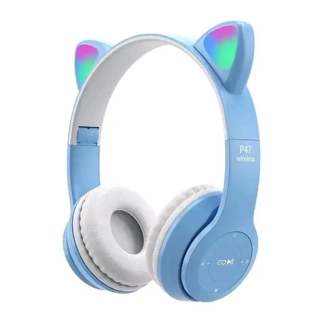Termurah Headphone Bluetooth P47M RGB LED / Cute Cat Ear Wireless Audio Stereo Super Bass headset bando model kelinci Peredam Kebisingan 3
