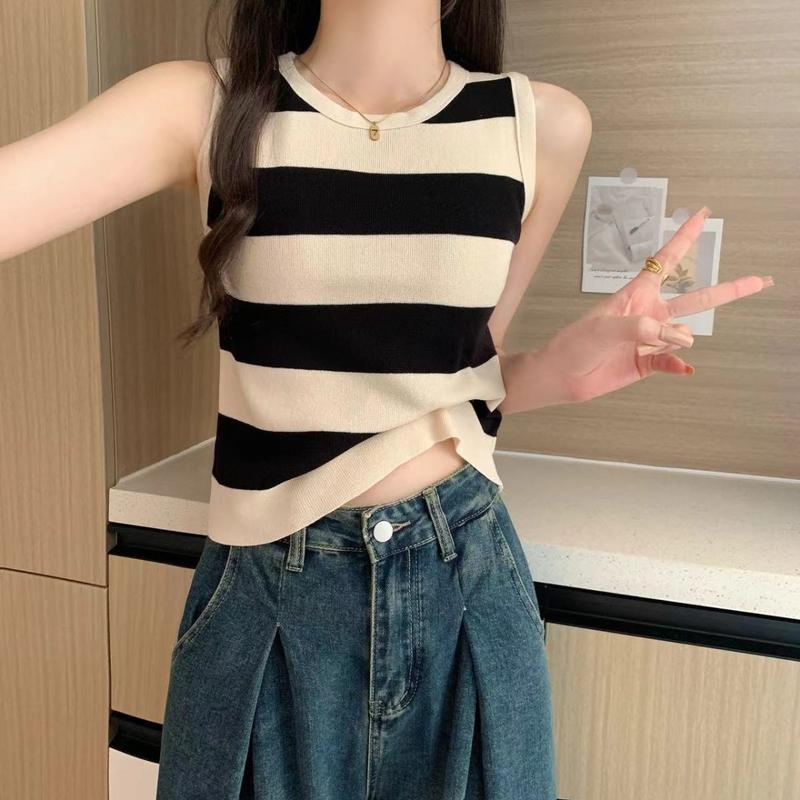 Quần Áo Nữ, Áo Vest Sọc Kiểu Pháp, Bộ Sưu Tập Mùa Hè Mới Thời Trang, Đồ Lót Ngầu Thường Ngày Áo Dệt Kim, Hợp Xu hướng, Phù Hợp Bên Trong, 2024 Top Women 3