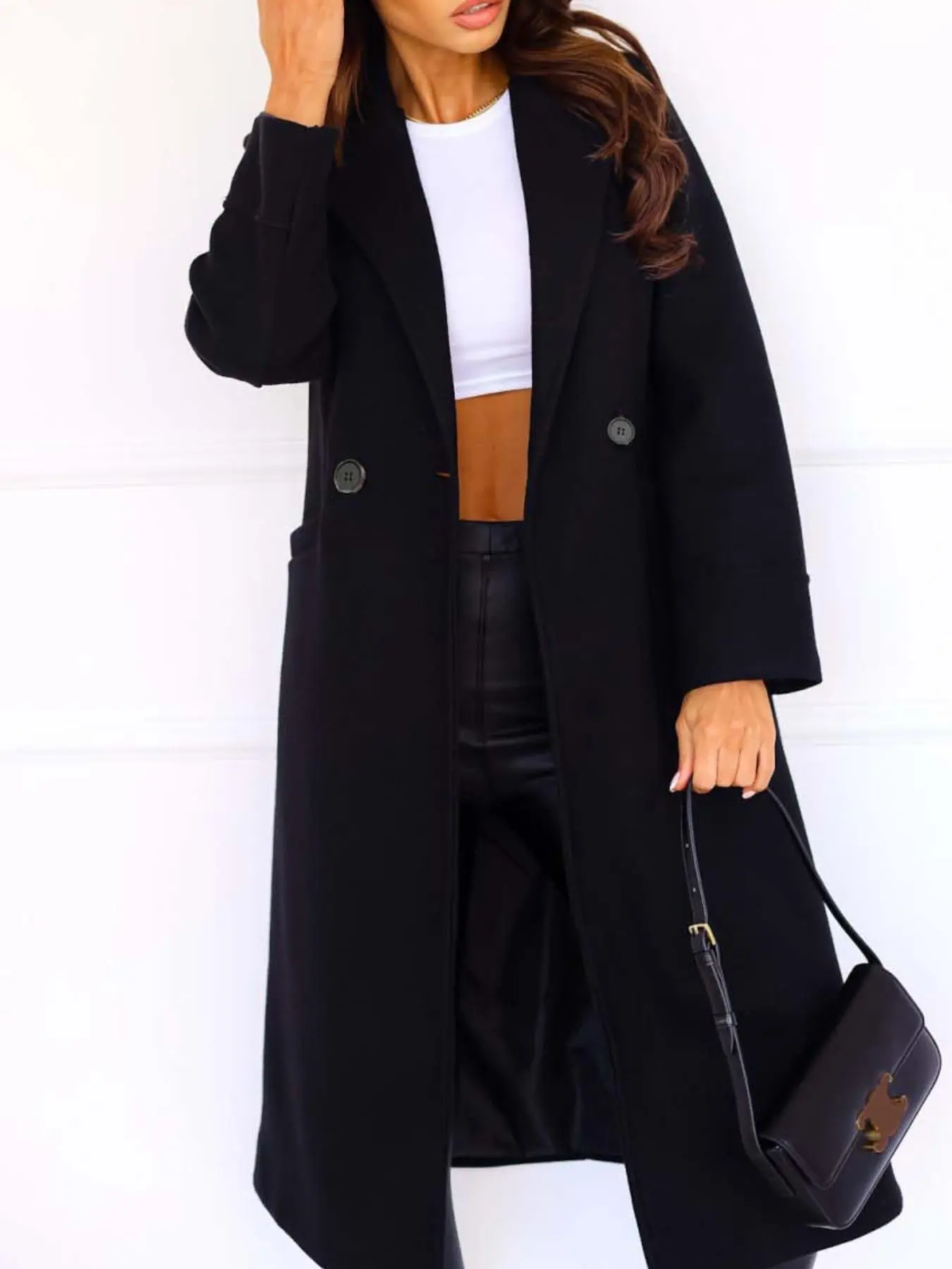 Women's Solid Pocket Lapel Neck Overcoat, Casual Long Sleeve Button Front Outerwear for Fall & Winter, Women's Clothing for Daily Wear