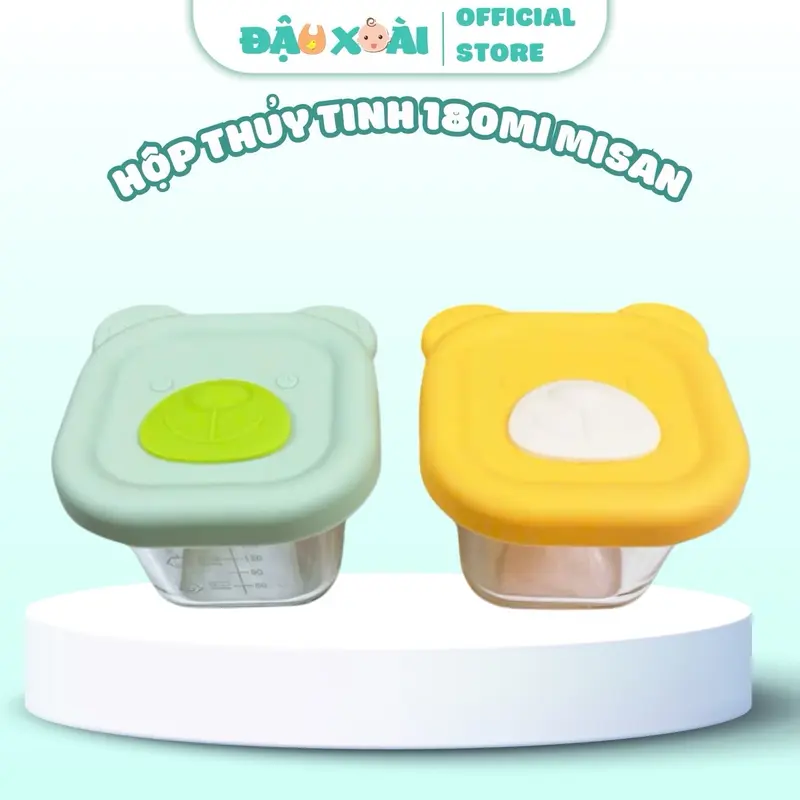 Hộp thuỷ tinh trữ đồ ăn dặm Misan size to 180ml chia vạch cho bé Kem chen  dam cốc  nấu 0