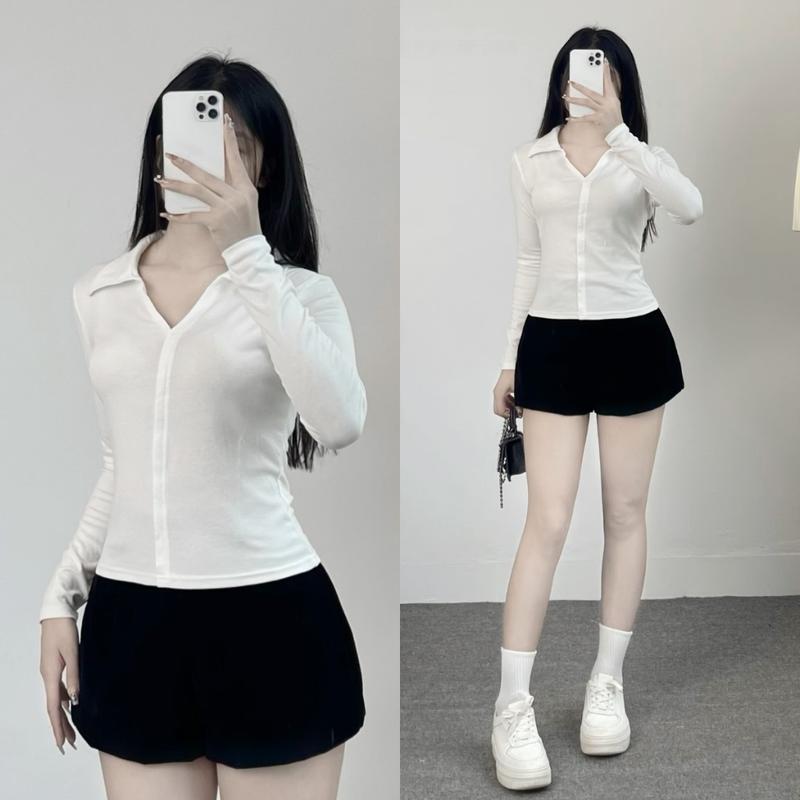 Áo Thun Nữ Dài Tay Cổ Bẻ Xẻ Ngực Chất Cotton Form Ôm Bigsize355T - Top, Women 6