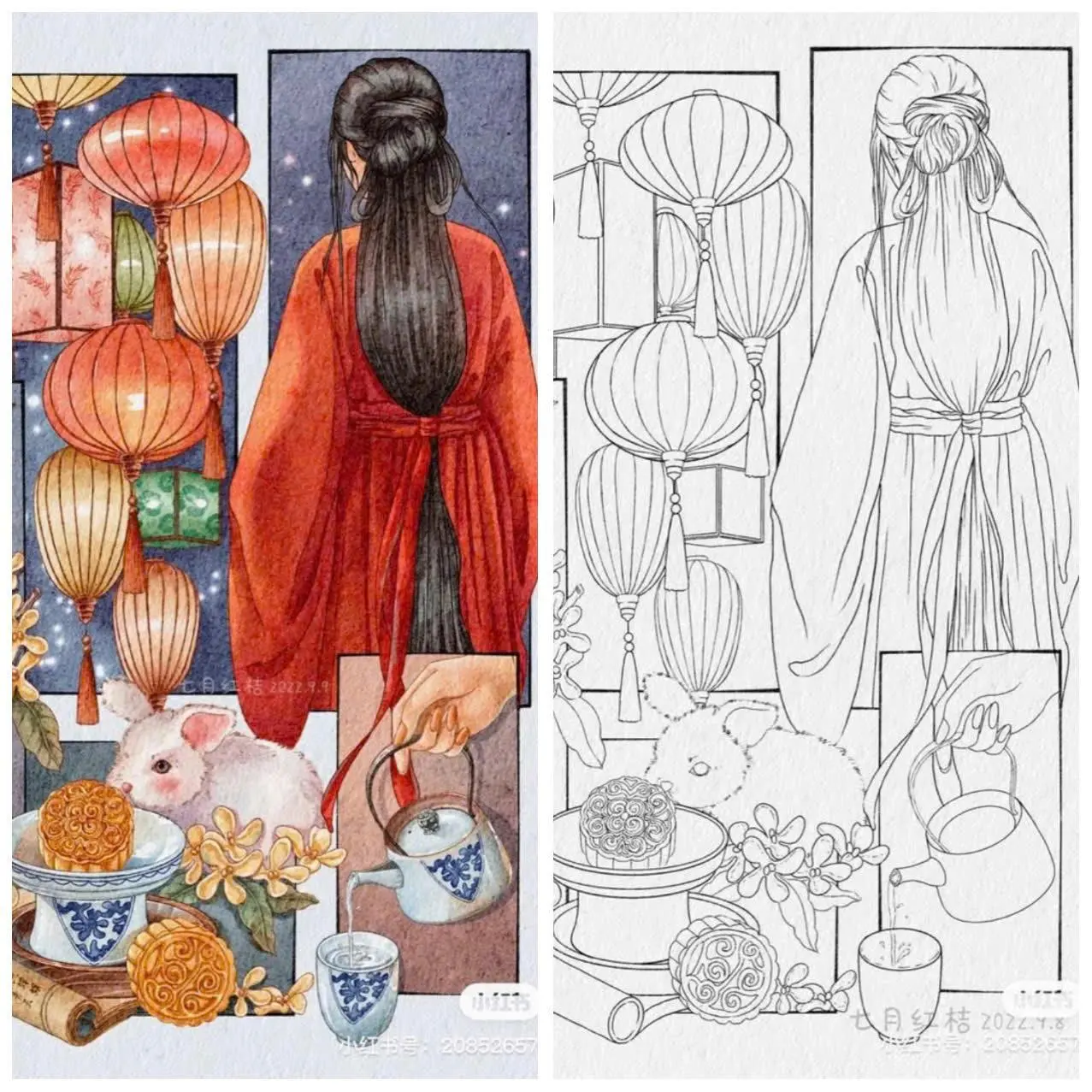 Set 25 tranh Line Art cổ trang,  dày 180gsm tặng tranh mẫu - Khổ A5 A4 dùng được màu nước, acrylic, màu chì, màu sáp